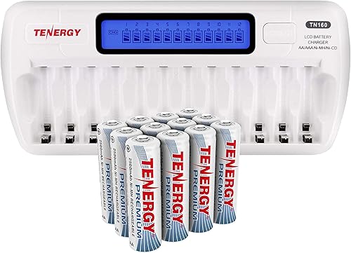 Tenergy Paquete de 12 baterías recargables AA NiMH de alta calidad con cargador, pilas AA de 1.2 V, ideales para electrónica diaria y dispositivos