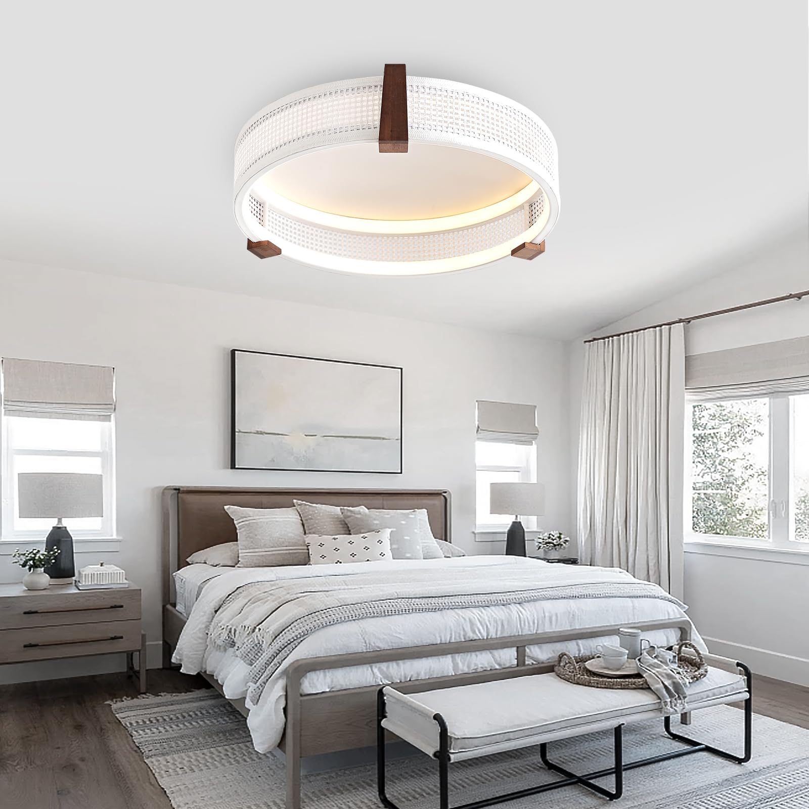 Plafonnier LED Baerolc 40cm En Bois - Dimmable 3000K-6000K 32W Pour Salon/Chambre/Cuisine