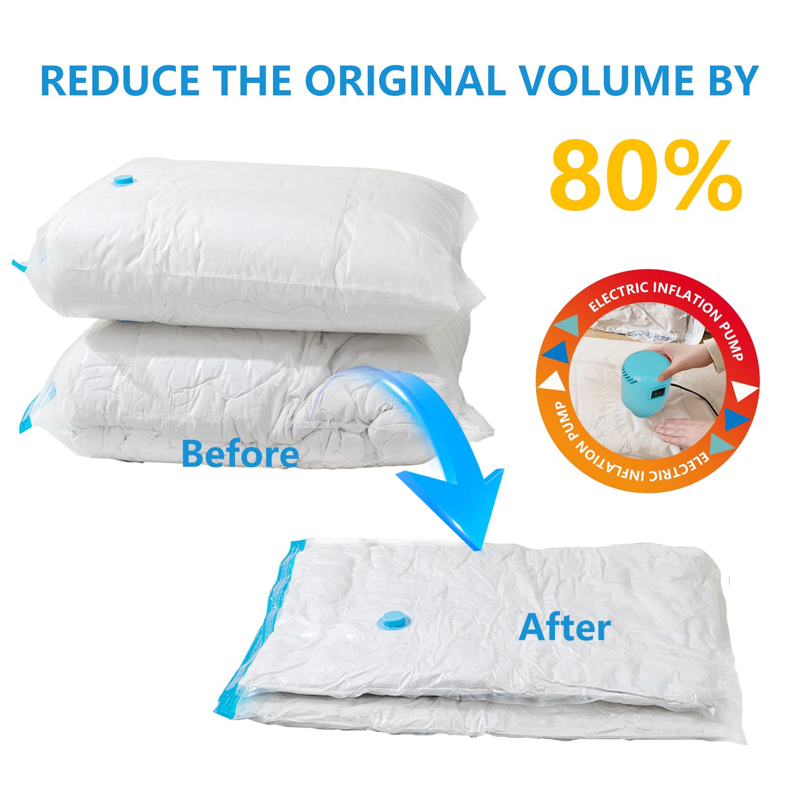Sacchetti sottovuoto per vestiti con pompa ad aria elettrica 10 Sacchetti, 2XL+2L+2M+4S Sacchetti Sottovuoto per Cuscini, Piumino, Traslochi, Viaggi, Trapunte, Coperte