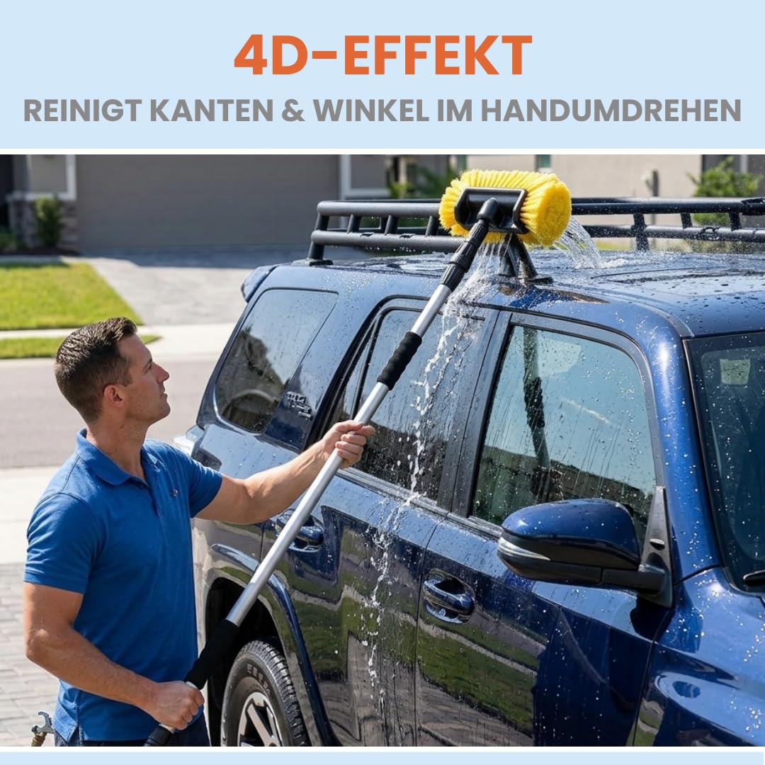 Autowaschbürste XXL mit Teleskopstiel 150-250cm | LKW & PKW Waschbürste | mit Schlauchanschluss | weicher 4D-Kopf 4P