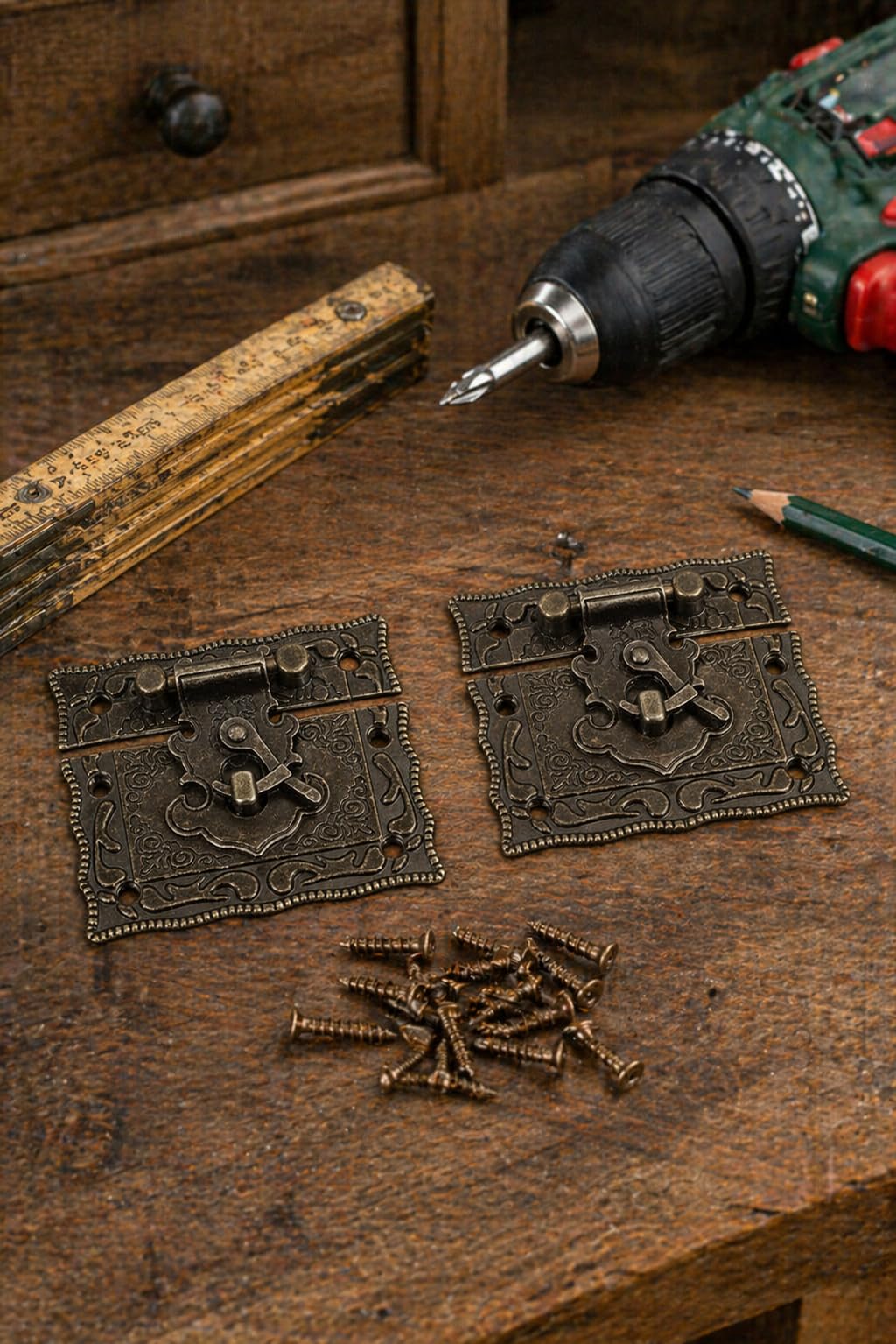 FUXXER®, 2 Serrature anticate, chiusura a gancio, design in bronzo, serrrature per cassette scorrevoli, 50 x 42 mm, con viti, 2 set