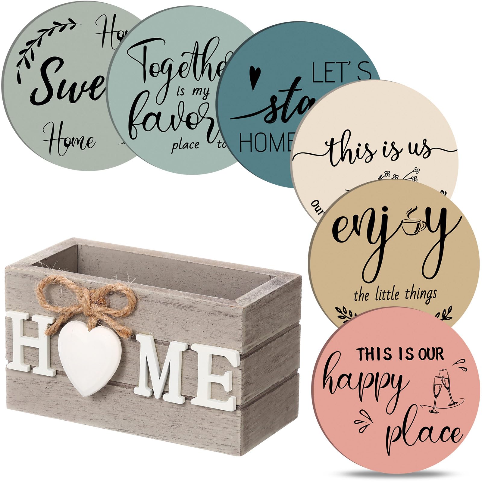 Queekay Farmhouse Wooden Coasters Set of 6 with Holder 4-inch Peach