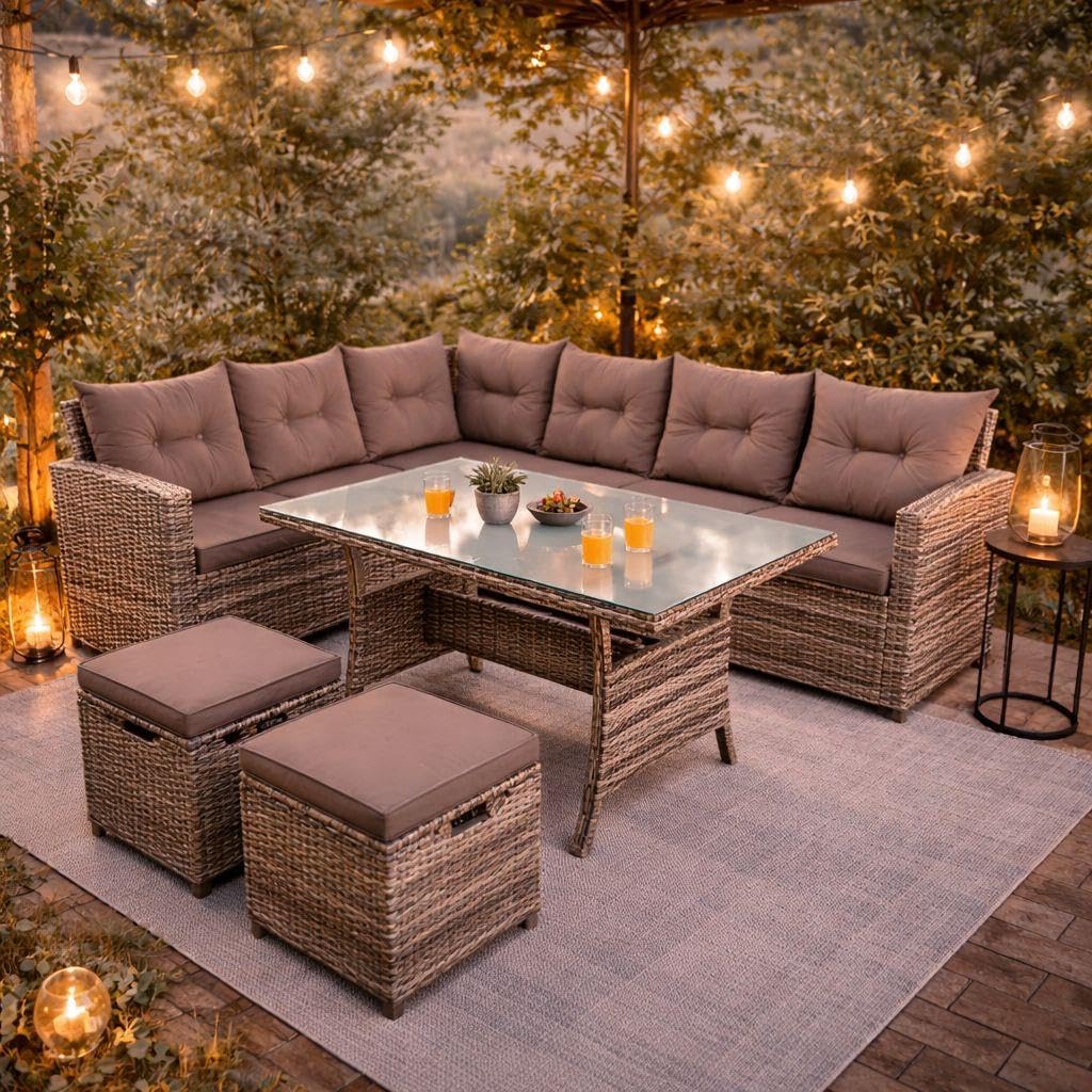 ESTEXO Polyrattan Essgruppe Lounge Möbel Set Sofa Gartenset Gartengarnitur Sitzgruppe Lounge-Set Rattan Gartenmöbel-Set Sofa-Set (Beige- Braun)
