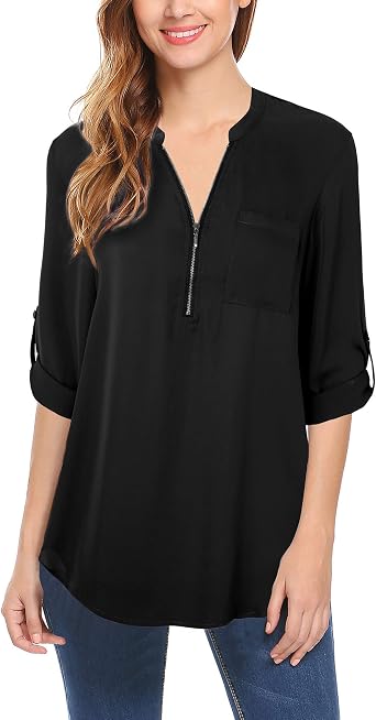 Amazon.com: MCKOL Blusas y blusas para mujer, manga 3/4, estilo casual, con  cremallera, de gasa, talla grande, para leggings, cuello en V, manga larga,  profesional, oficina, trabajo, ropa de moda 2019, negro,
