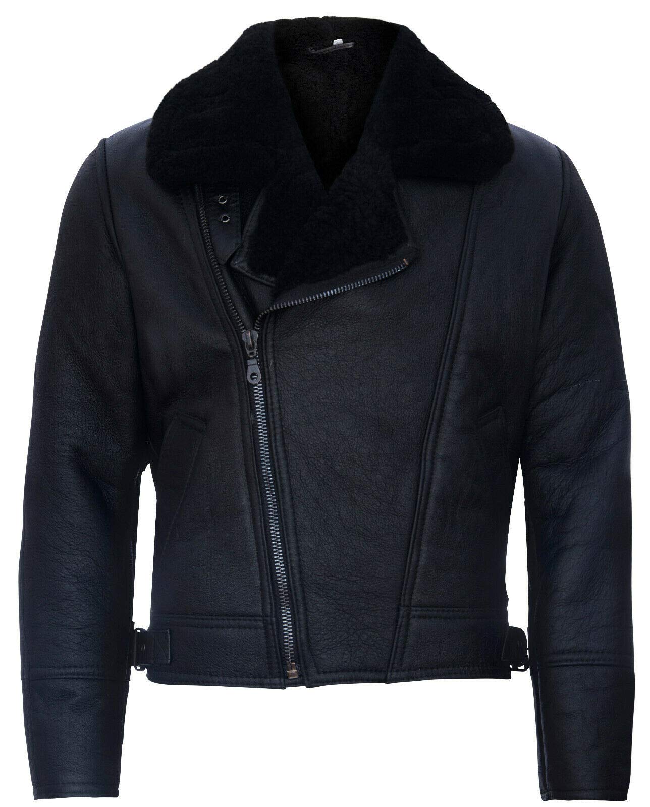 Infinity Leather Men's Black ’S Aviator Cross Zip Shearling Sheepskin Leather Jacket 2XL