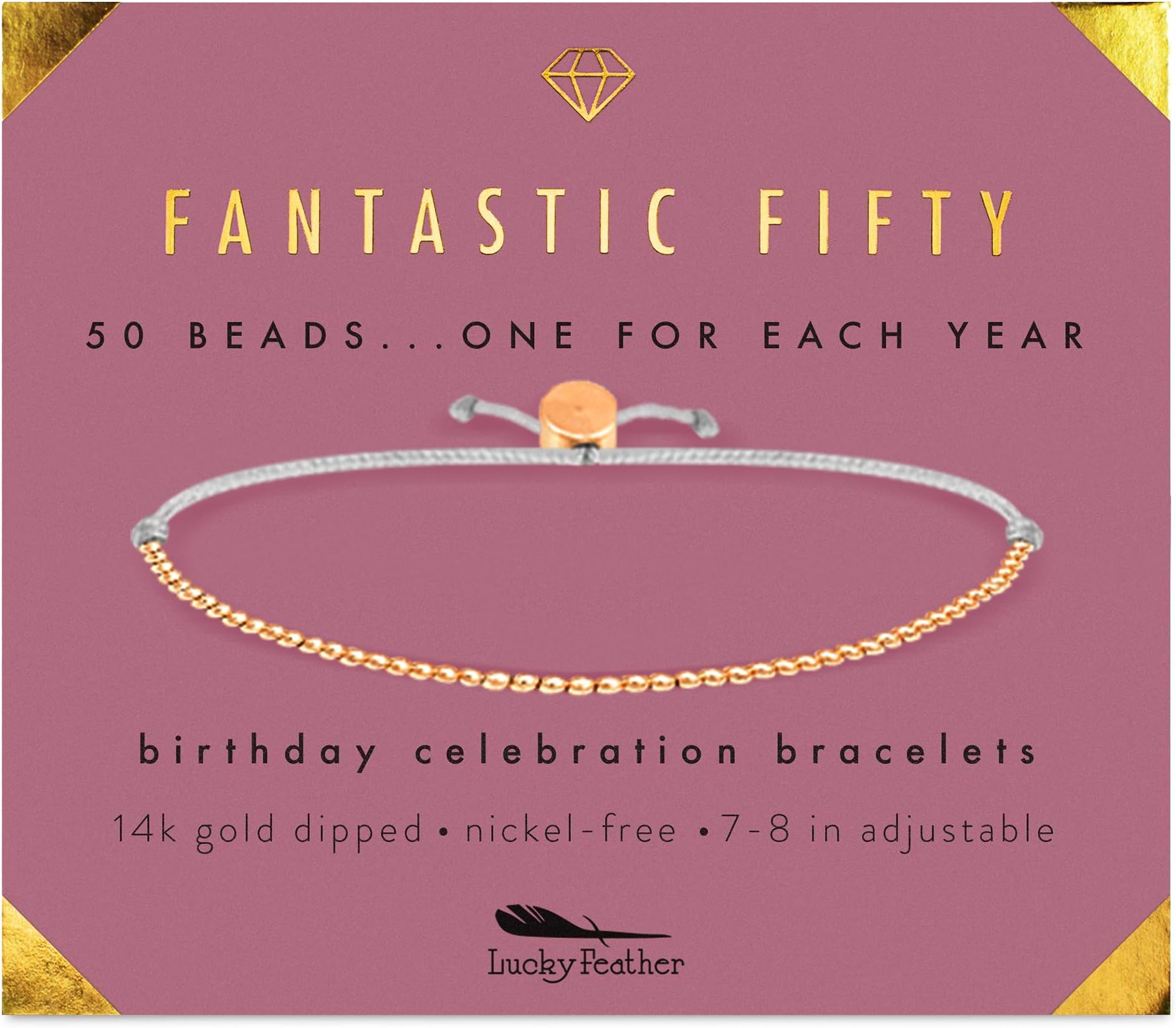 50th birthday gifts for her | 50th birthday gifts for women Bracelet | 14K Gold, Rose Gold, or Silver Dipped Beads on Adjustable Cord | Trendy 50 year old gifts for women | With Card