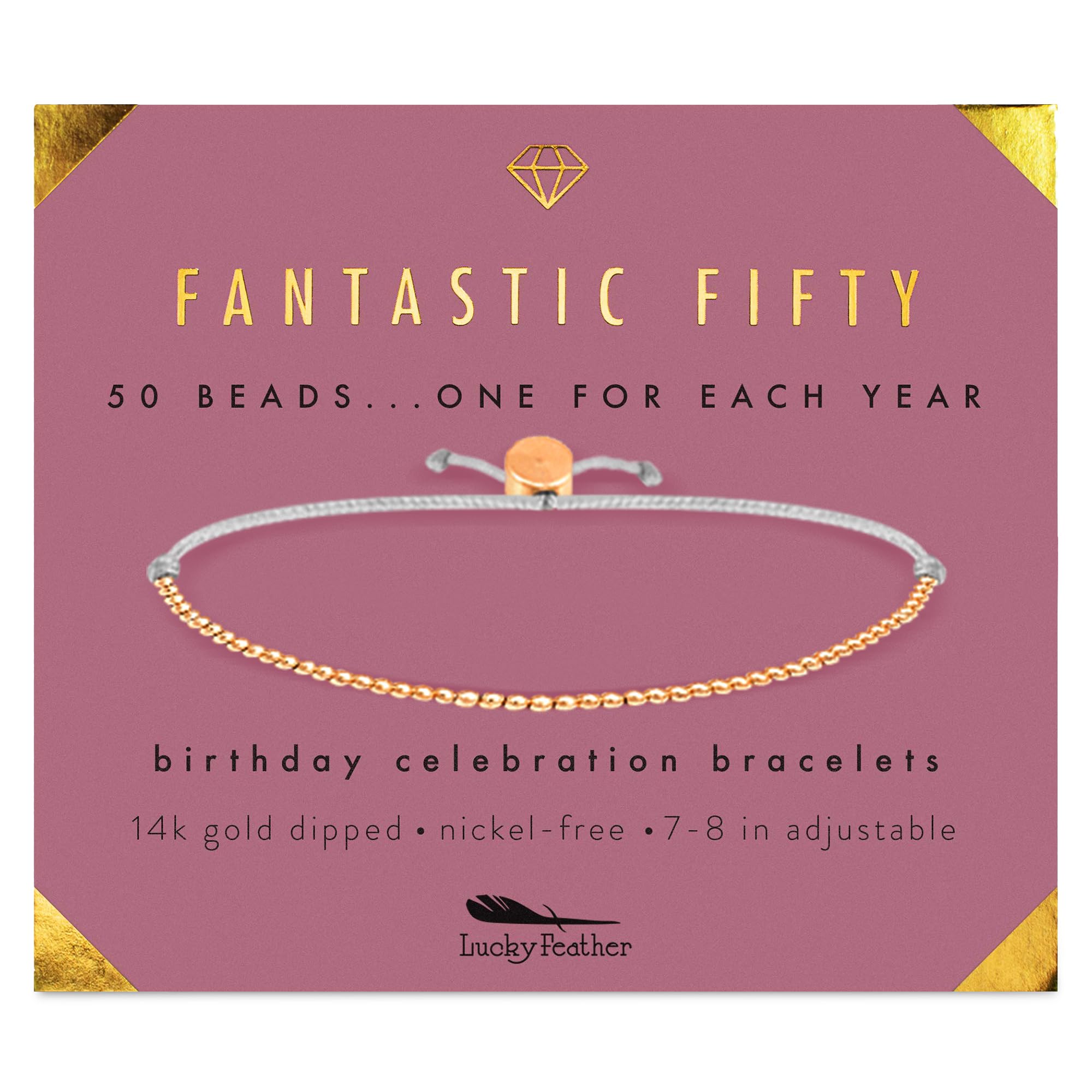 Lucky Feather 50th Birthday Gifts for Women Turning 50-14K Gold Dipped Beads Bracelet on Adjustable Cord, 50th Birthday Jewelry Gift Ideas 50 Year Old Woman