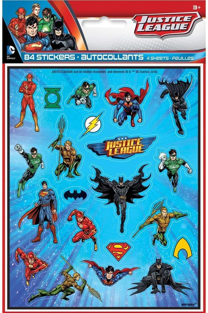 Justice League Sticker Sheets - Assorted Designs, 4 Pcs
