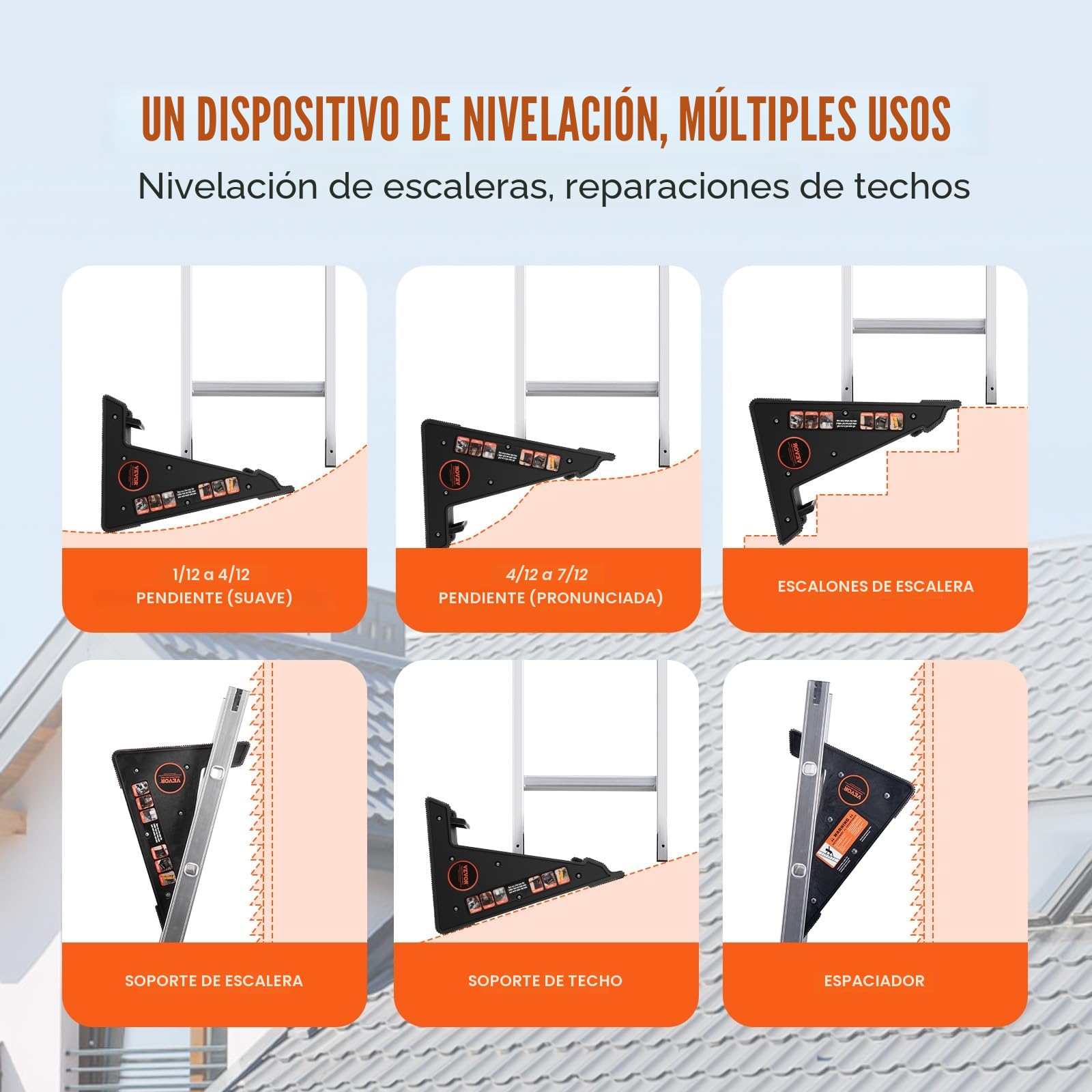 VEVOR Nivelador de Escaleras de Polipropileno con Capacidad de Carga de 172,4 kg, Tolva de Inclinación, Estabilizador de Escaleras con Almacenamiento, para Terrenos Irregulares, φ 97 x 493 mm