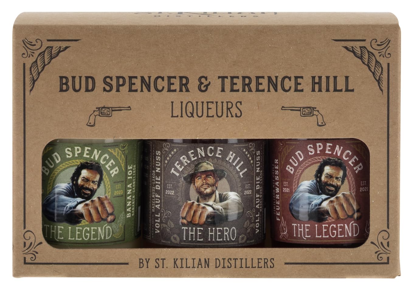 Bud Spencer und Terence Hill Likör Box - [3 x 50ml] - Deutsche Premium Liköre - Likör Geschenk Set - Fanartikel - Liköre Geschenke für Männer - Feuerwasser - Haselnusslikör - Pistazie