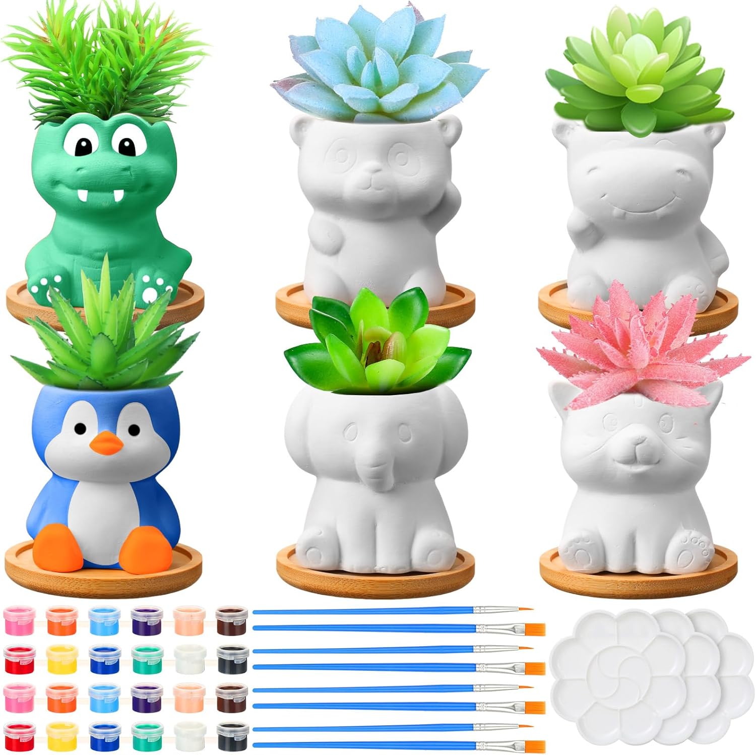 6 Sets Ceramic Succulent Pots with Drainage Color Paints Paintbrushes Palettes Paintable Succulent Flower Pots DIY Figurines Paint Craft Kit for Classroom(Cute Animal)