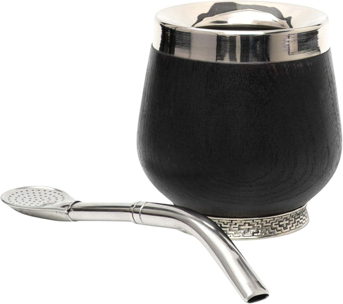 BALIBETOV 3 fl oz Yerba Mate Gourd – Mate Cup, Bombilla & Cleaning Brush – Carob Wood – Handmade – German Silver Details – Authentic Traditional Mate Experience
