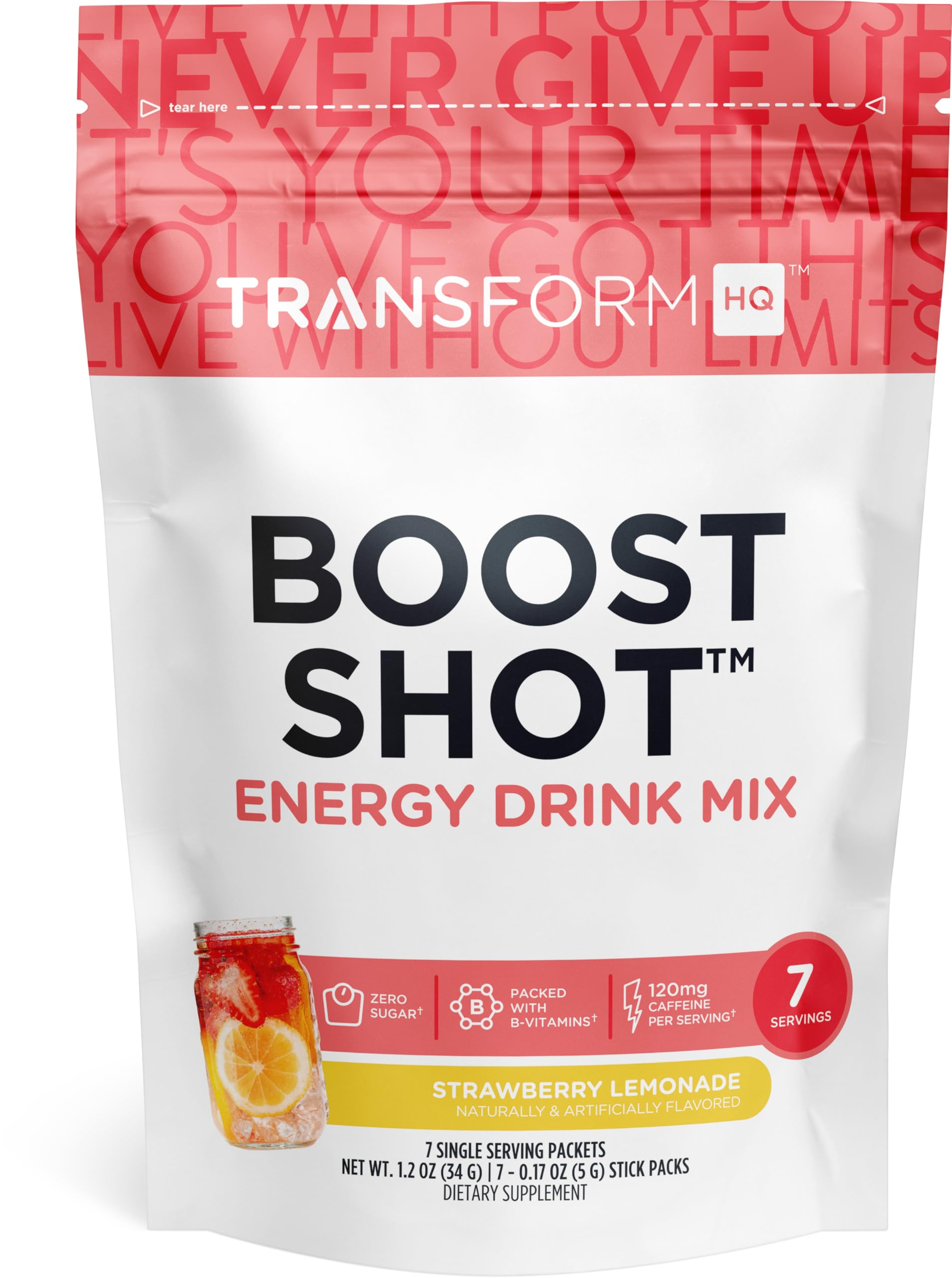 Boost Shot Powder Drink Stick Packets, Strawberry Lemonade, 7 Pack, Energy Supplements for Women & Men, with Caffeine, Vitamin B12, B9, B6 & B3