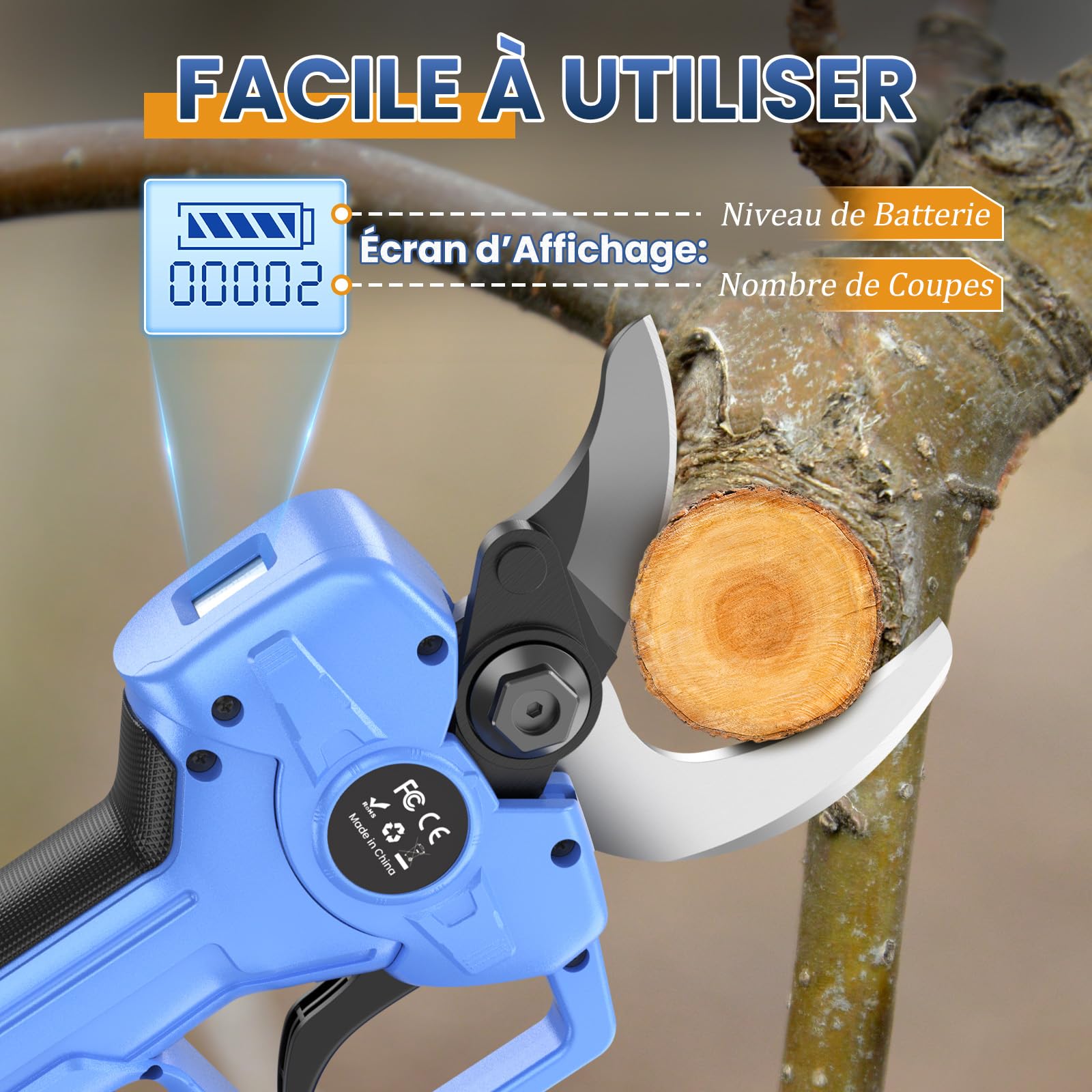 Sécateur électrique Sans Fil,Ouverture de lame 70 mm & Capacité de coupe 60mm, 1500W Sécateur Électrique Avec 2 * 4.0Ah, Lames SK7 & Affichage LED. Convient aux arbres Fruitiers et au Jardinage