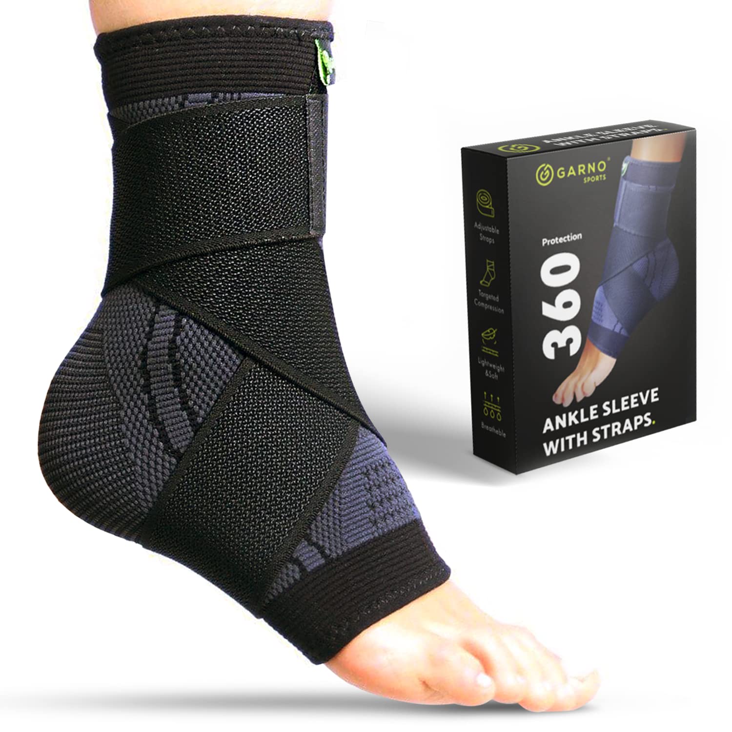 GARNO Ankle Brace, Compression Sleeve with Adjustable Straps, Arch