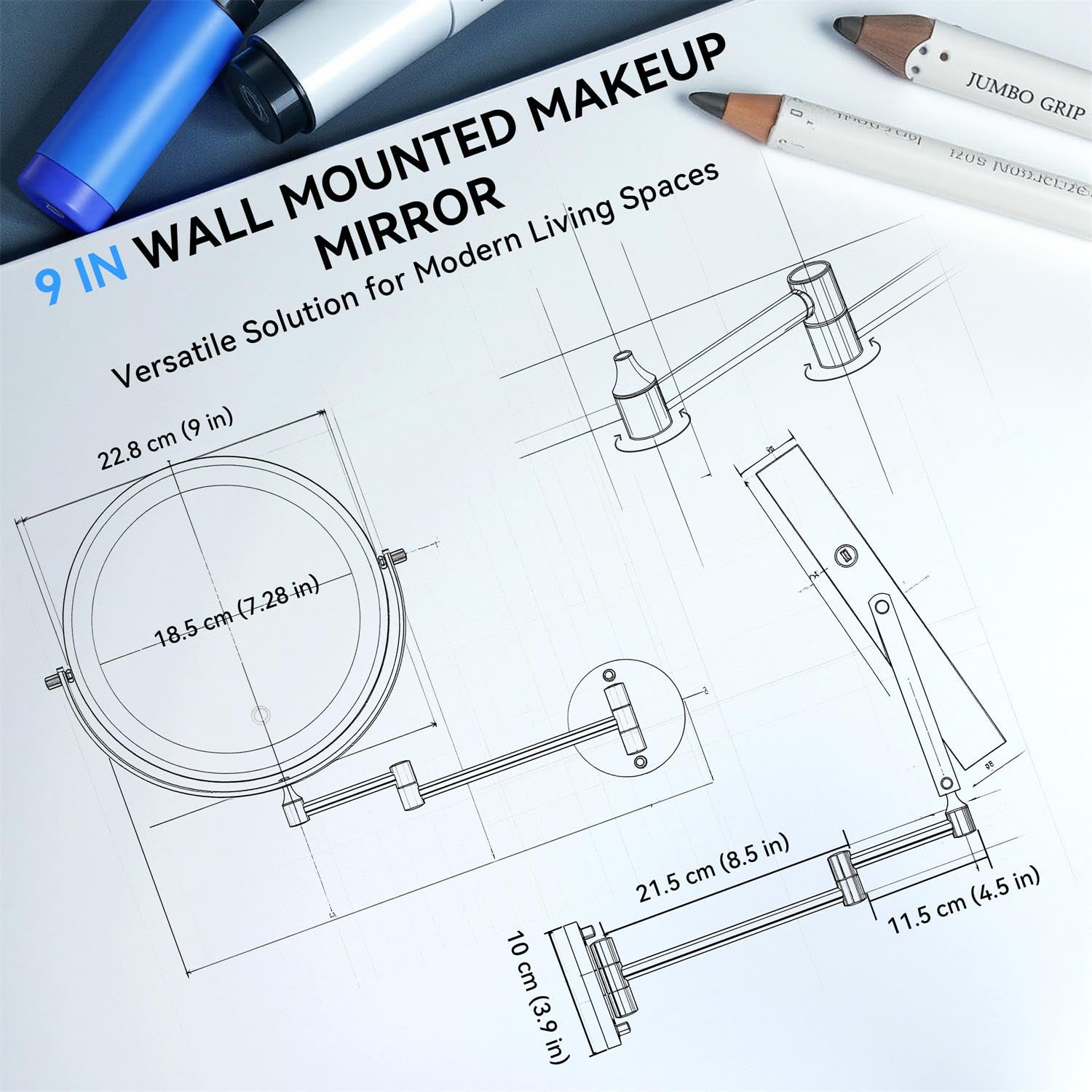 Espejo de maquillaje montado en la pared 1X/30X con luz, espejo de aumento de doble cara de 9 pulgadas, 3 luces de color, espejo de tocador regulable táctil con rotación de extensión de 360°, brazo