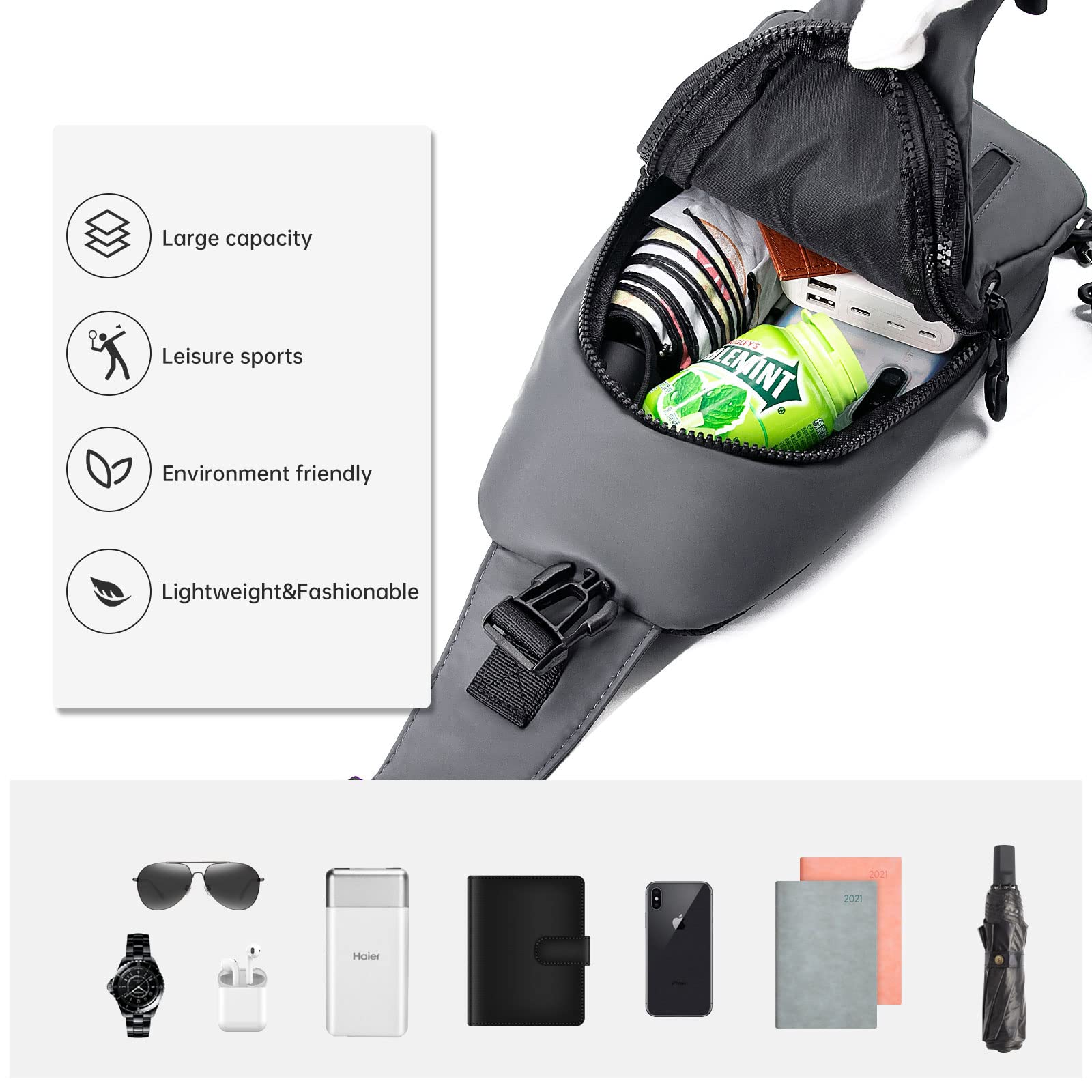 Long Keeper Zaino Monospalla Piccolo - Leggero Borsa a Tracolla Sling Bag Marsupio Tracolla Uomo Donna Con porta di ricarica USB