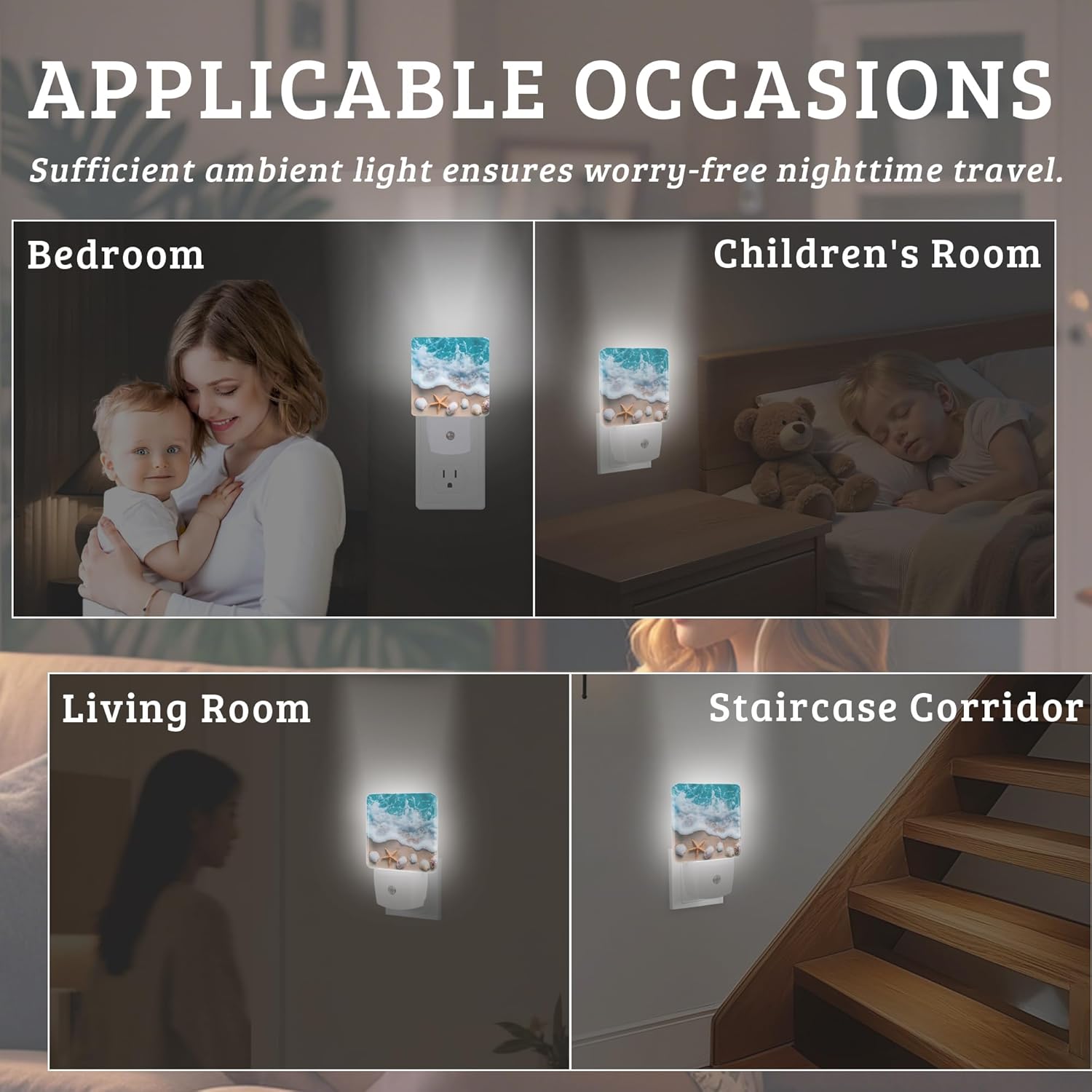 Beach Seashell Starfish Night Light,Nightlight Lamp with Dusk to Dawn Sensor for Home Indoor Stairway Kitchen Corridor, Decorative Night Lights Plug Into Wall for Boys Girls Women Men Room Gifts