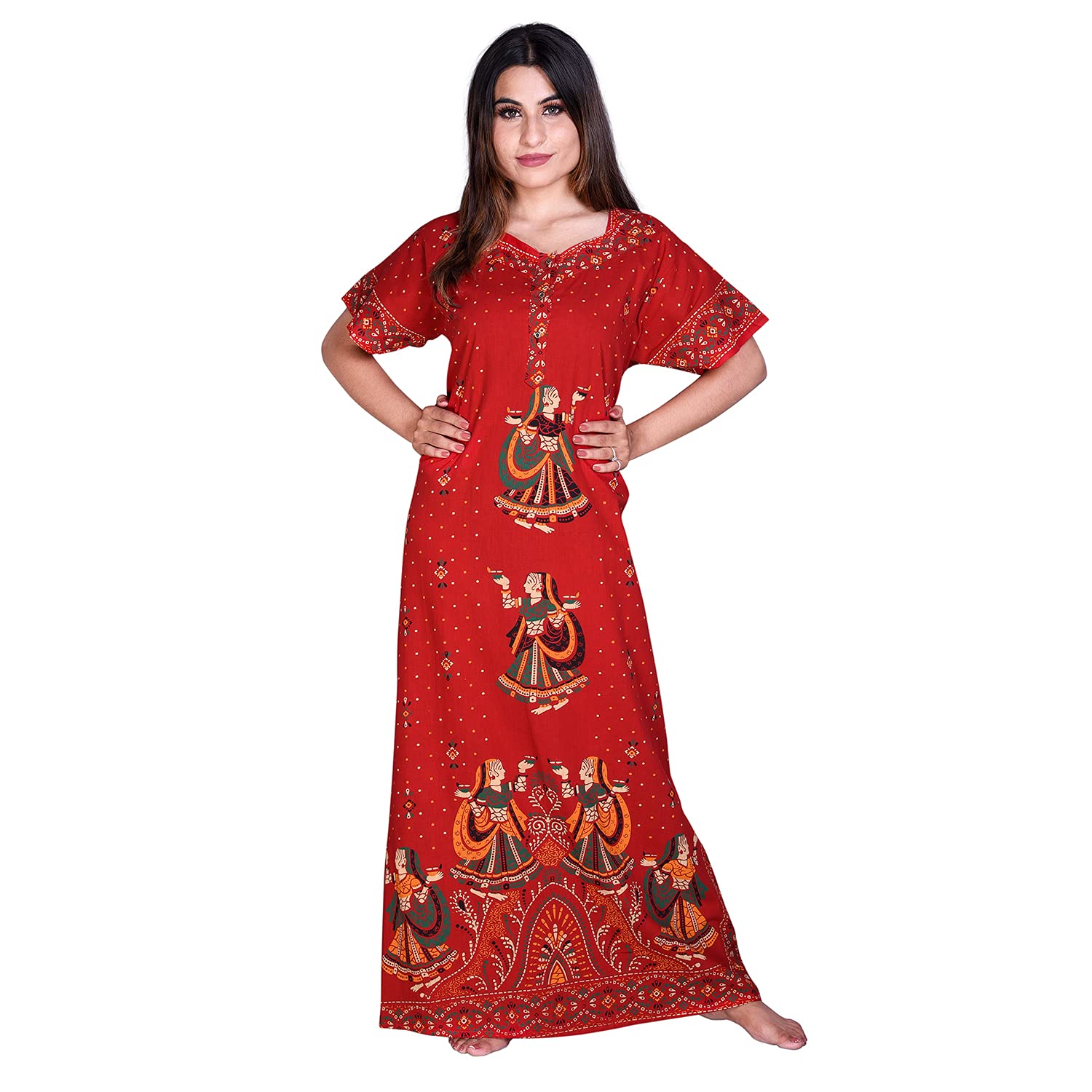 Indian Handicraft Palace Cotton Women/Girls Night Gown/Night Wear/Nighty/Casual Wear Home Dress-070 Red, Red, Free Size