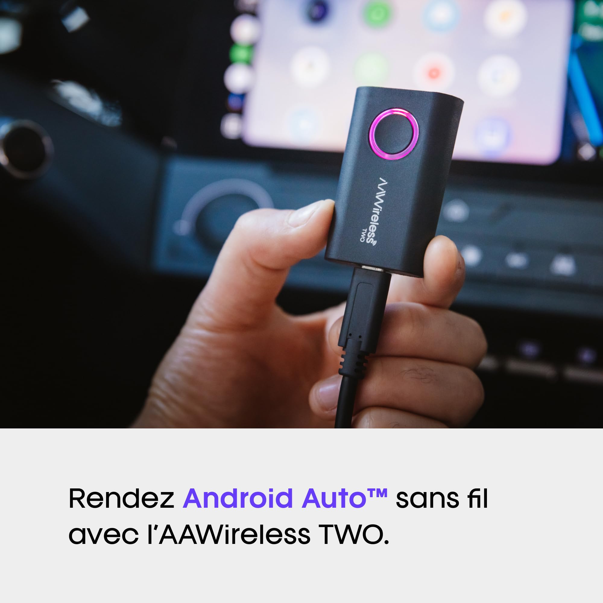 AAWireless Two – Adaptateur Android Auto sans Fil – Conversion Facile, Plug & Play, Bluetooth – Fabriqué en Europe - Fil Noir