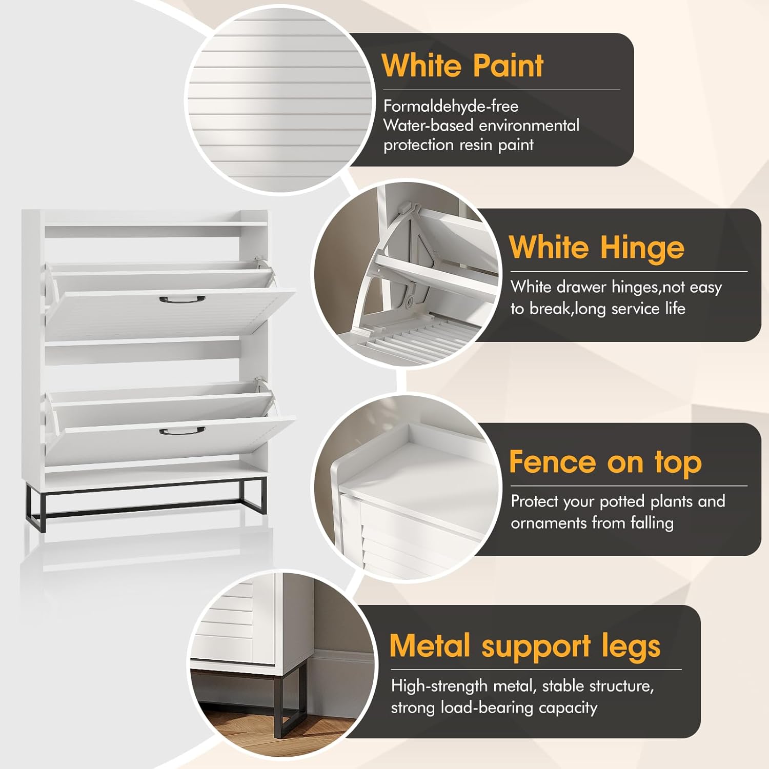 Detailed features of the Maupvit Shoe Cabinet including paint, hinges, top fence, and metal legs