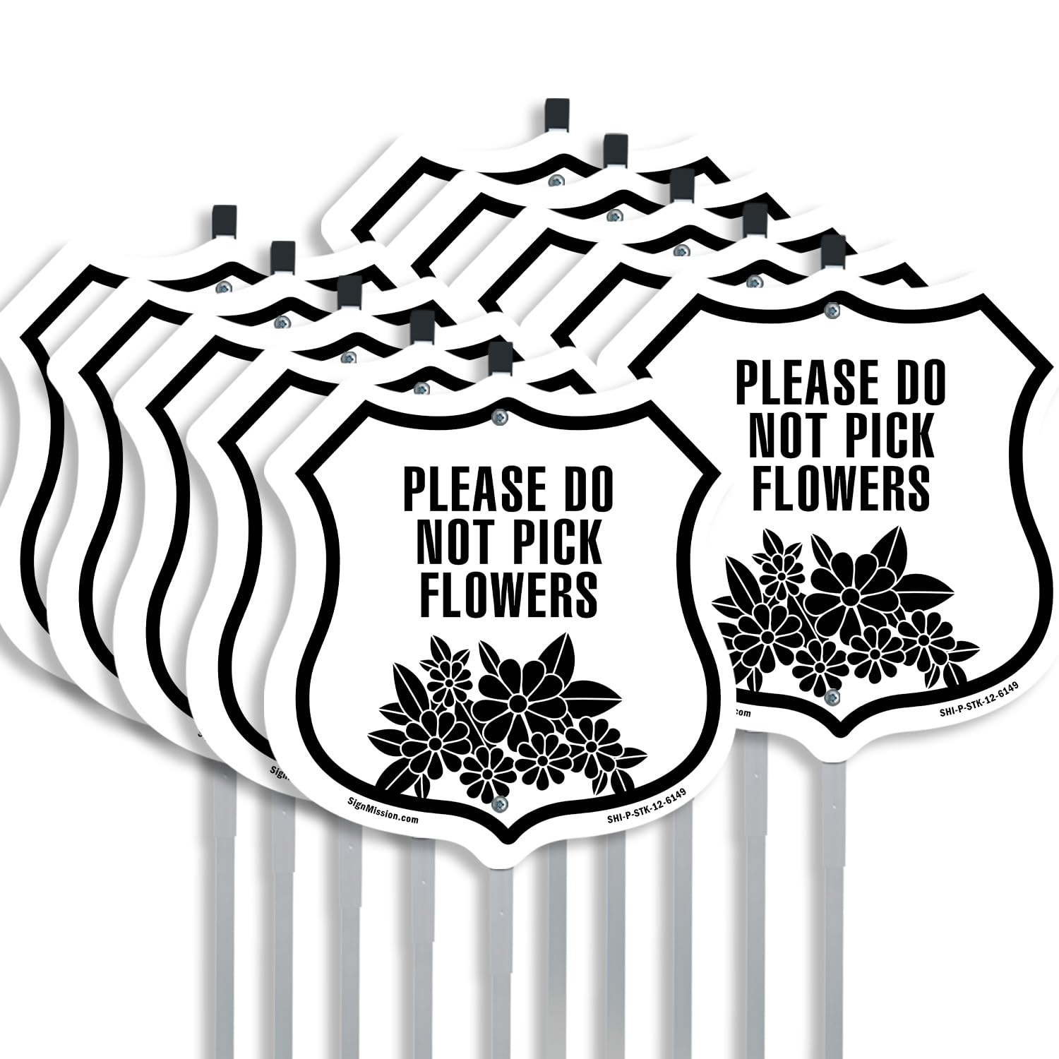 Please Do Not Pick Flowers (10 Pack) 12 inch X 12 inch Shield Shaped Rust-Free Aluminum Metal Signs with Aluminum Mounting Stakes Weather Resistant