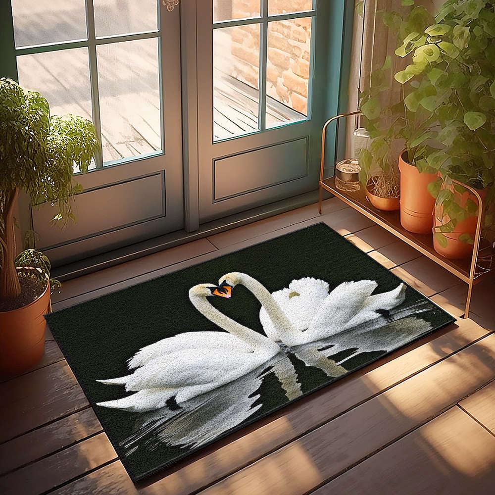 Tapis d'extérieur amusant cygnes en cœur, paillasson romantique 65 x 90 cm