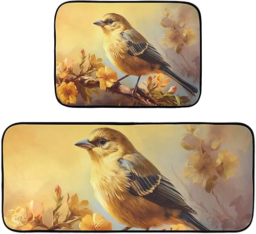 Kitchen Mats for Floor 2 Piece Set Yellow Flower Bird Print, Anti Skid Cushioned Water Absorbent Kitchen Rugs Door Mat Floor Mats for Kitchen Sink