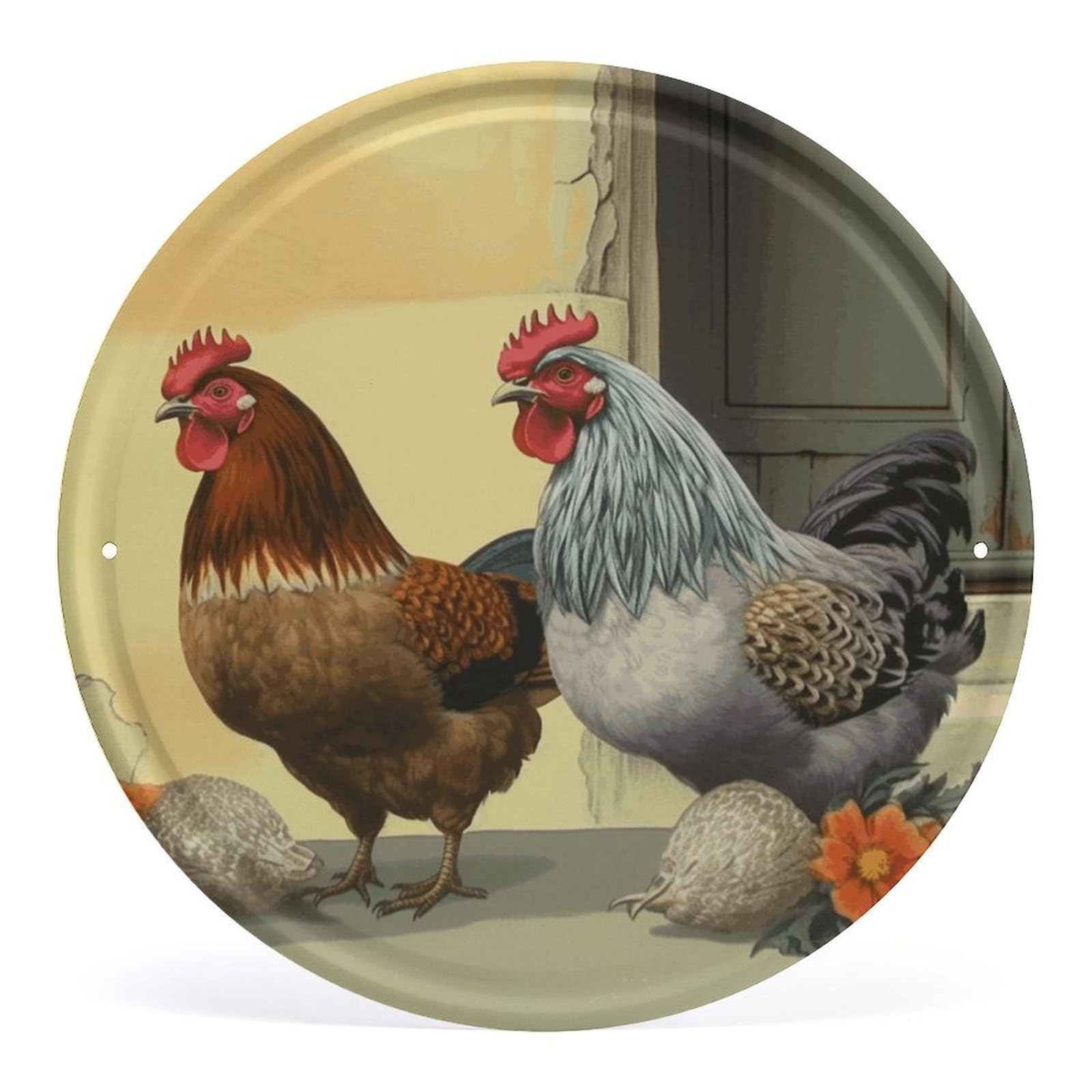 Fodpand Style Italian Chickens Round Wall Art Hanging Decorations, Wall Decor Modern Minimalist Artwork, Tin Sign Hanging Picture For Living Room, Bedroom, Office, Hallway, 11.8X11.8 Inch