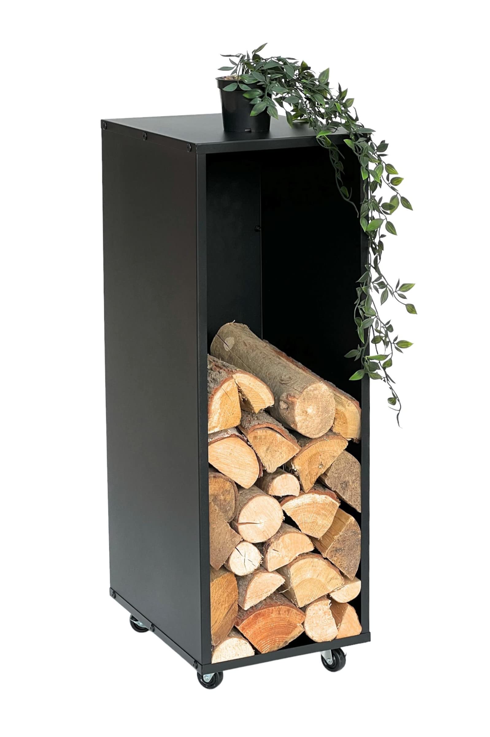 DanDiBo Kaminholzregal Innen Metall Schwarz Kaminholzständer 85 cm mit Rollen 96359 Kaminholzwagen Holzkorb Kaminholzhalter Holzregal