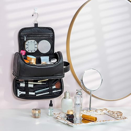 Miniatura 6 de Elviros - Neceser de aseo personal para hombre, organizador de viaje de cuero, con gancho para colgar, gran resistencia al agua, bolsas de afeitado