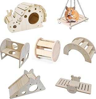 7pcs Hamster Toys Wooden Cage Accessories Include Snail House, Bell Toy, Seesaw Bridge, Slide House, Bridge,Dodge Toy, Swing and Exercise Toys for Hamster, Guinea Pig and Other Small Animals