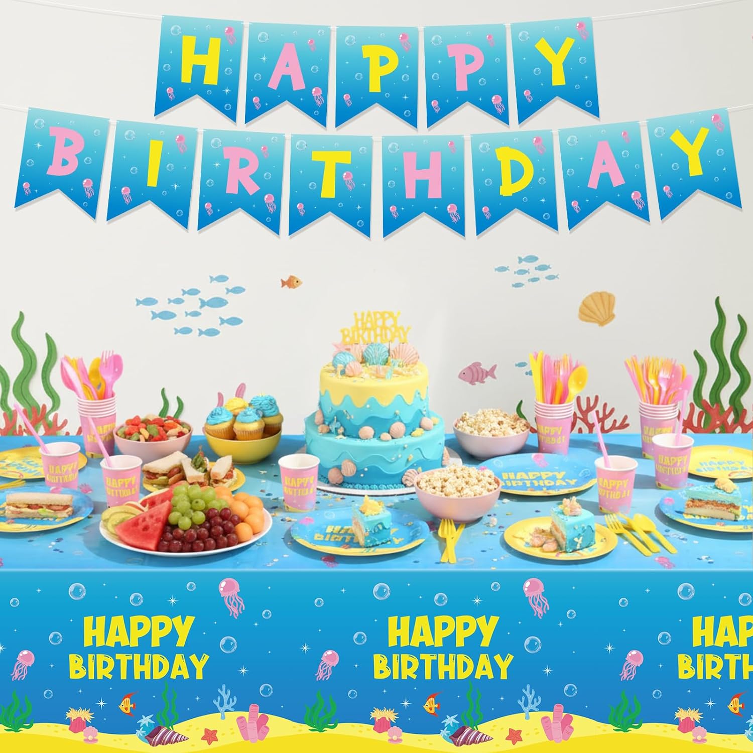 FoldTier 171 Pcs Under the Sea Birthday Party Supplies Ocean Sea Party Tableware Set for 24 Guests with Plate Napkin Cup Knife Fork Spoon Tablecloth Banner for Underwater Creature Cartoon Decor