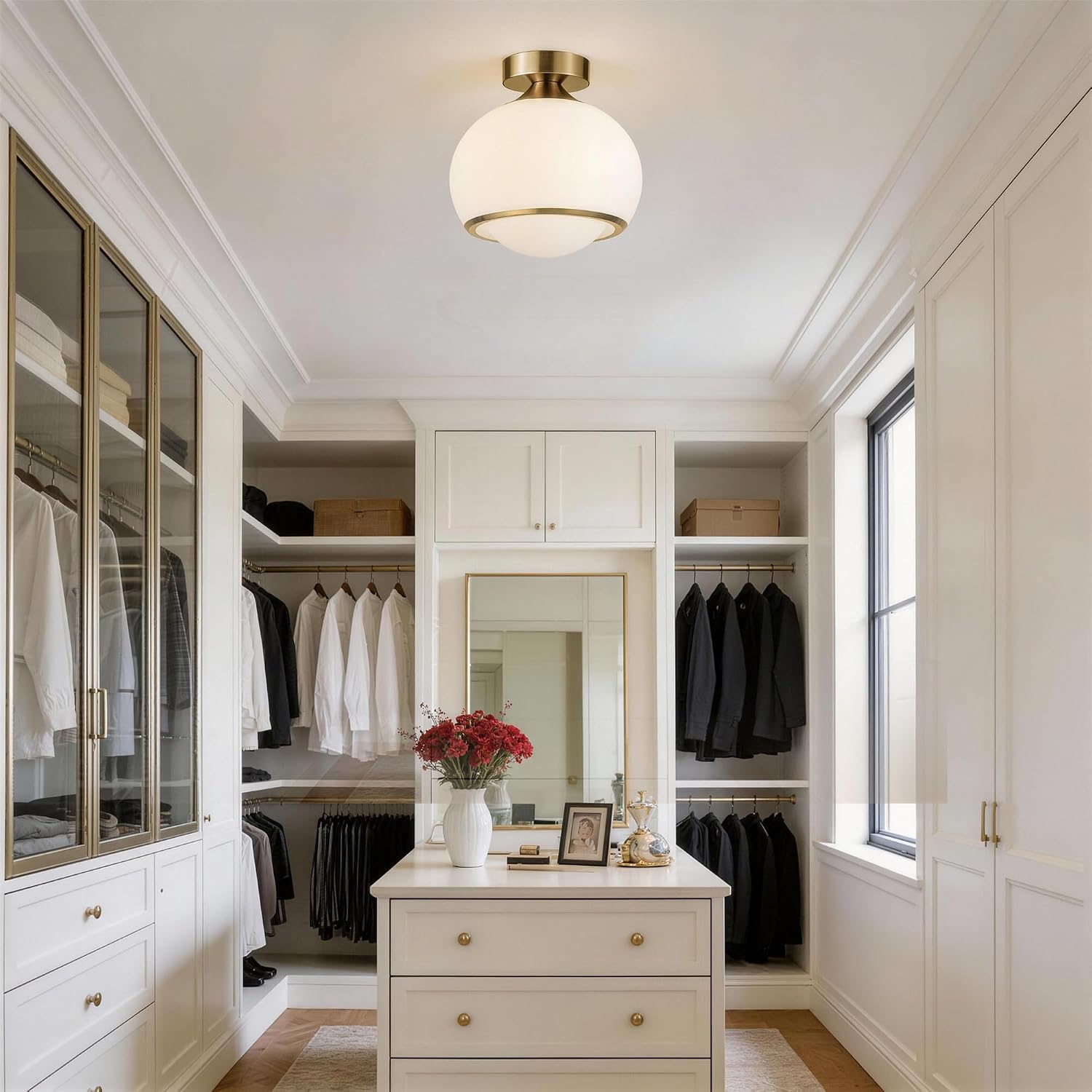 Maxax 14'' LED Brass Ceiling Light Fixture, Modern Small Flush Mount Chandelier, Opal Glass Shade, for Entryway, Hallway, Kitchen, Dining Room, Bedroom, 14W