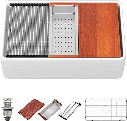 Miniatura 7 de Dcolora Fregadero blanco de 33 pulgadas con estación de trabajo de arcilla refractaria de porcelana para granja, fregaderos de granero, delantal