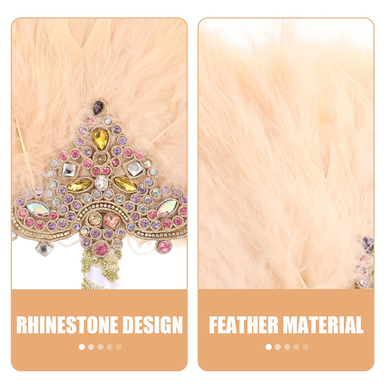 Ventaglio da Sposa Rotondo Beige Piume e Cristalli, Fatto a Mano, Accessorio Fotografico per Matrimoni e Feste