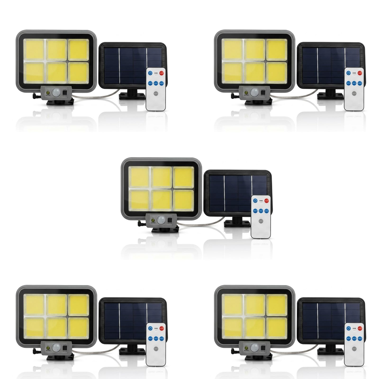Kit 5 Faretti Solari LED da Esterno con Sensore di Movimento e Crepuscolare Automatico, Pannello Separato, Telecomando, Impermeabile IP66, Luce Potente per Giardino, Garage, Cortile, Strada, Vialetti