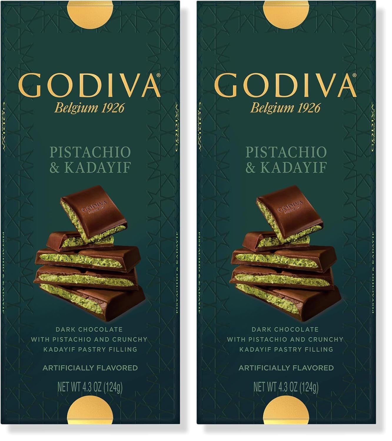 Godiva Dubai Style Dark Chocolate Bar, Gourmet Chocolate with Creamy Pistachio Filling & Crispy Kadayif, Premium Chocolate for Easter Basket,122g (Pack of 2)