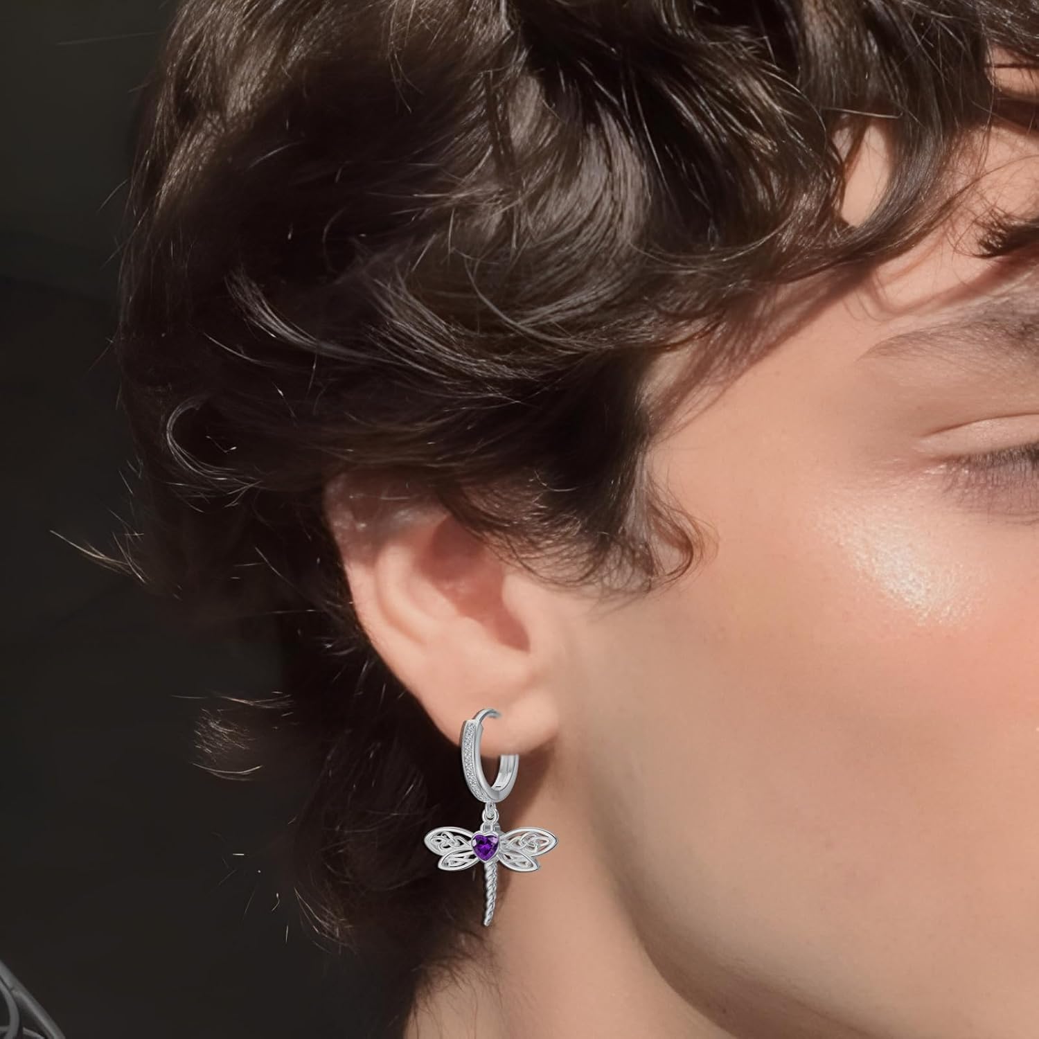 Dragonfly 925 Sterling Silver Heart Celtic Huggie Hoop Dangle Earrings crystal Birthstone Jewelry for women Mother’s Day Birthday Gift for Sister Mom wife Dragonfly Lovers