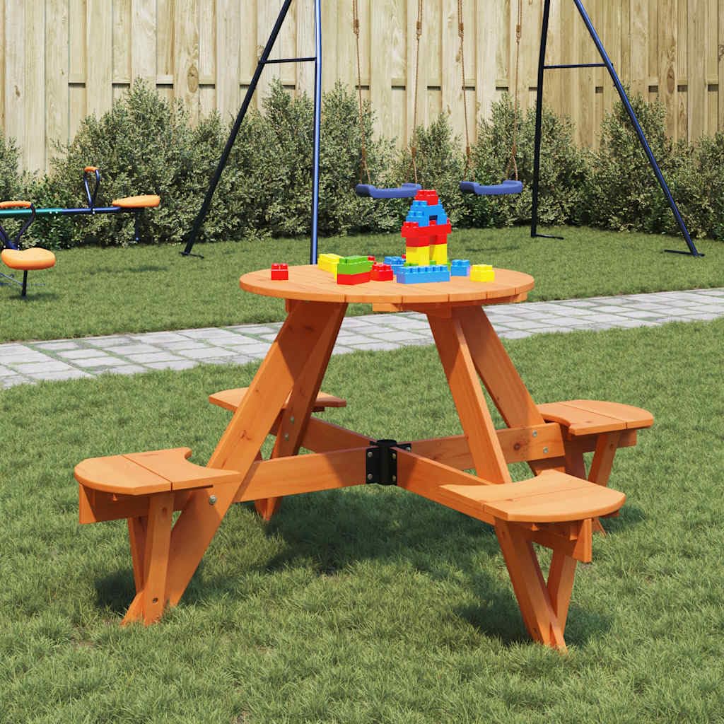 Tavolo da picnic per 4 bambini, in legno di abete massiccio, rotondo, con foro per ombrellone, 120 x 57 cm, per terrazza, balcone, veranda, campeggio, barbecue, feste, all'aperto