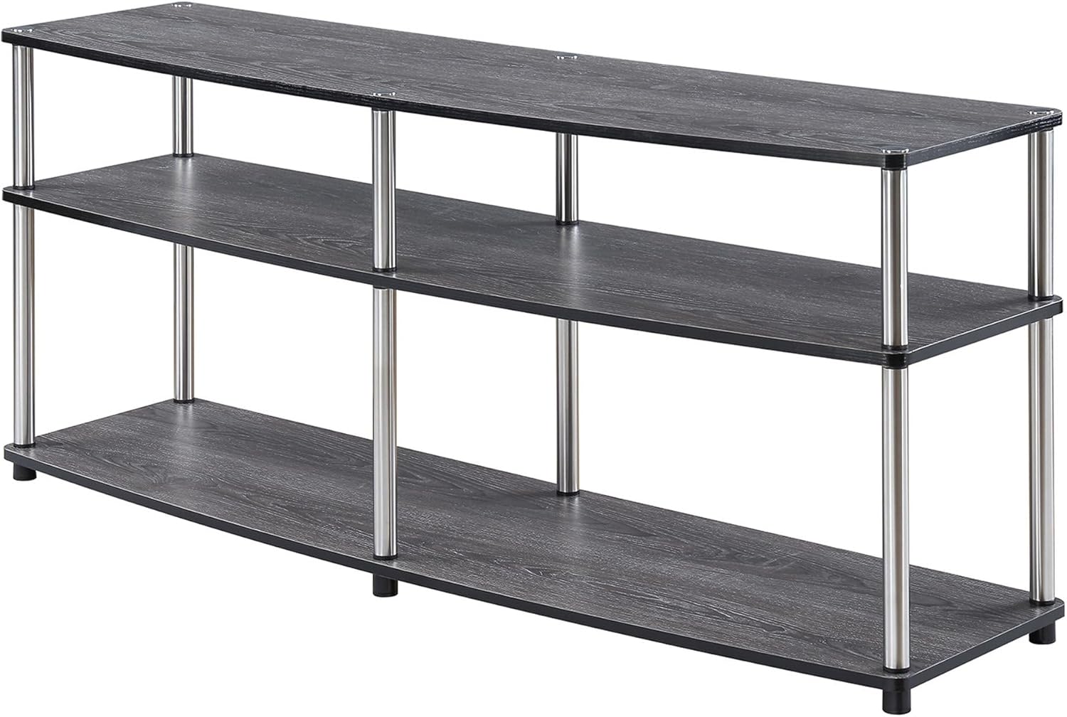 Pemberly Row Easy Assembly No Tools Required 60" TV Stand Entertainment Console with 3 Tier Storage Shelves in Weathered Gray and Stainless Steel Clad Finish