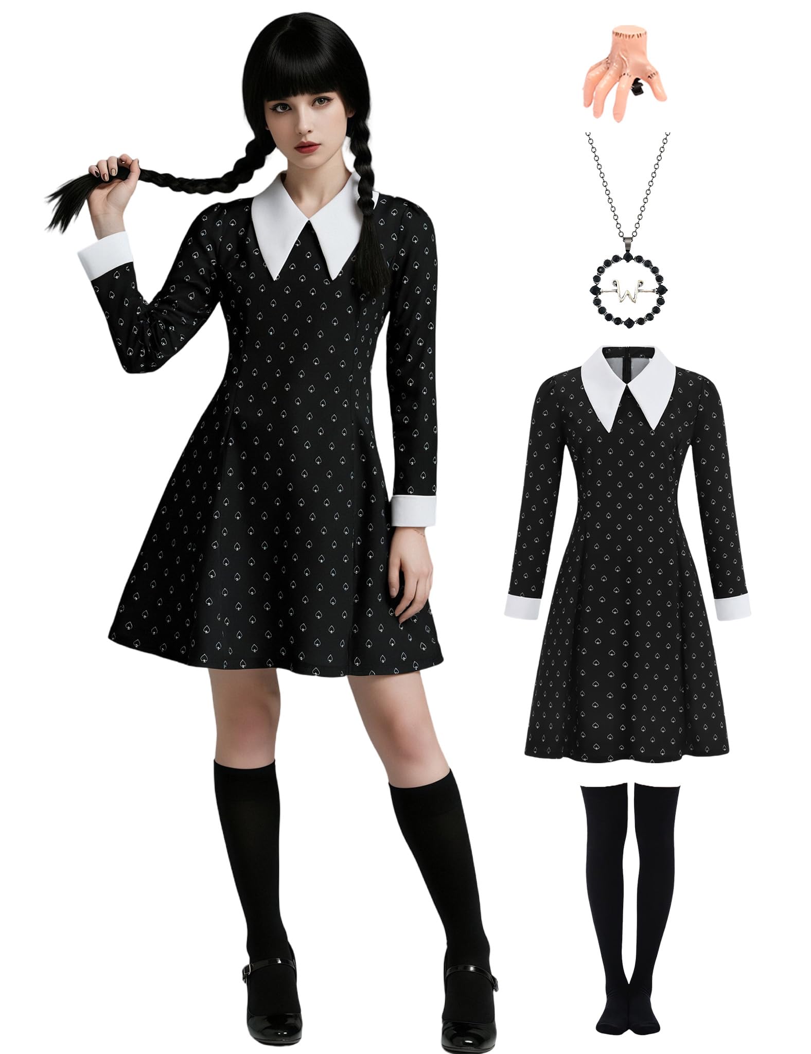 Gothic Halloween-Karnevals-Kostüm Schwarzes Kleid Damen Mit Spielkarten-Motiv Zubehör Set