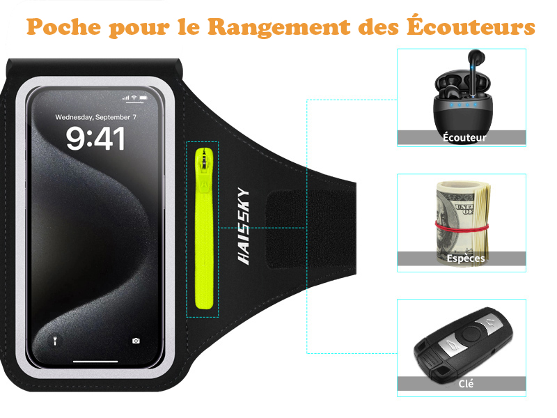 Brassard Sport Universel Avec Poche Écouteurs Zippée - Pour Téléphone Jusqu'à 6.8 Pouces - Fluorescente