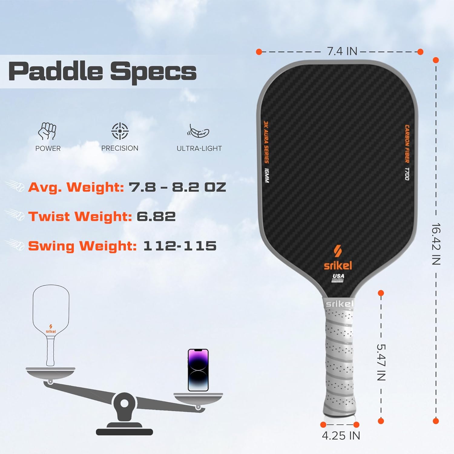 Pickleball Paddles, Raw T700 Carbon Fiber Pickleball Paddle, 16mm Power Polymer Core, Professional Rackets for Great Spin, Control & Precision Shots, USAPA Approved - Image 4