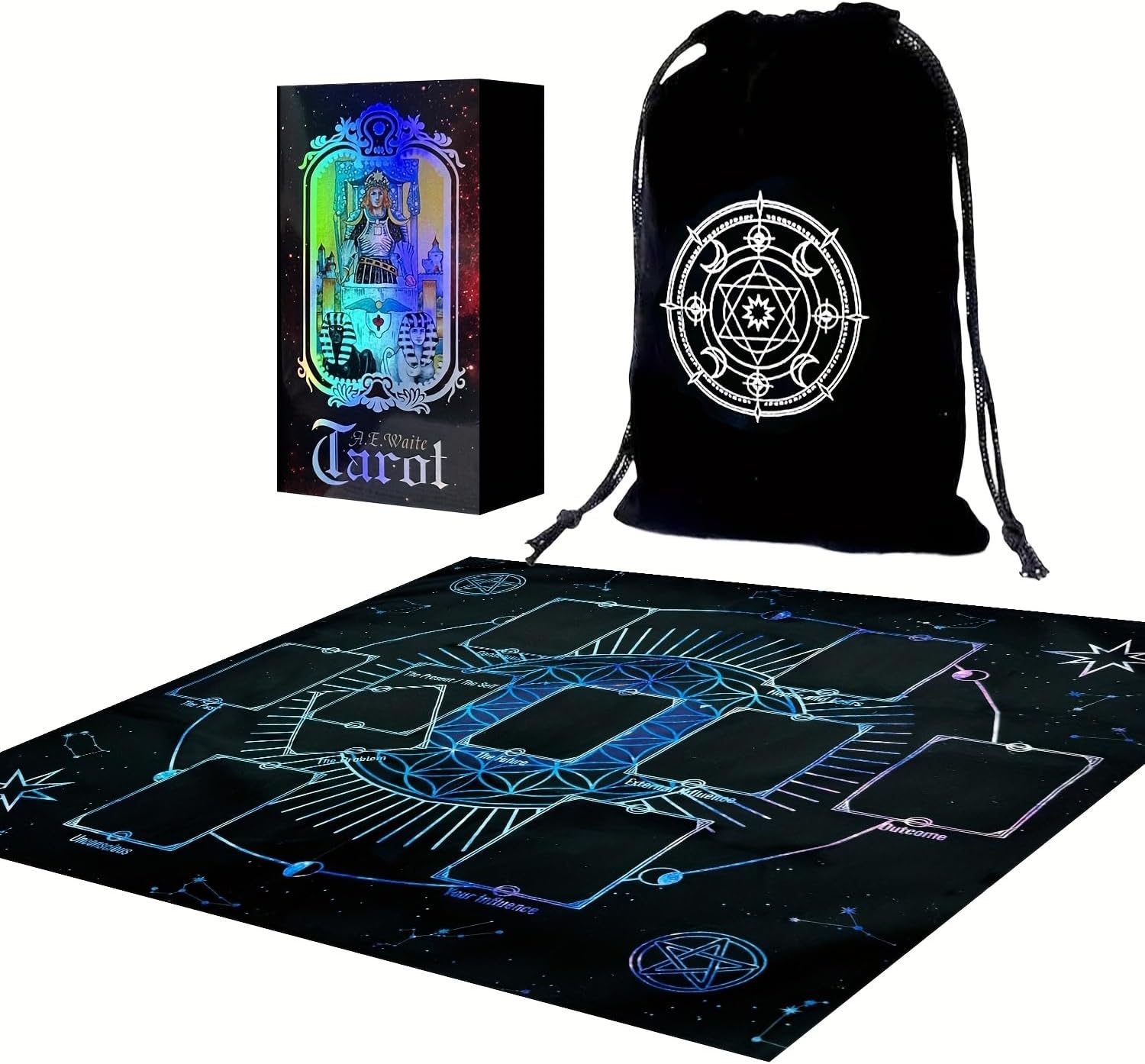 Tarot Cards Set with Cloth Mat, Bag and Guidebook (Black Set Blue Mat)