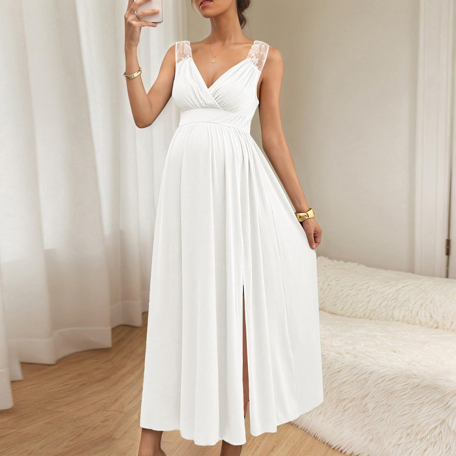 FUPODD Abendkleid Damen Lang Für Schwangere Maxikleid Elegant Spitze Umstandskleid Empire Festlich Kleid Hochzeitsgast Kleider Maxi Schwangerschaftskleid Mit Schlitz Ballkleid Ärmellos Umstandsmode