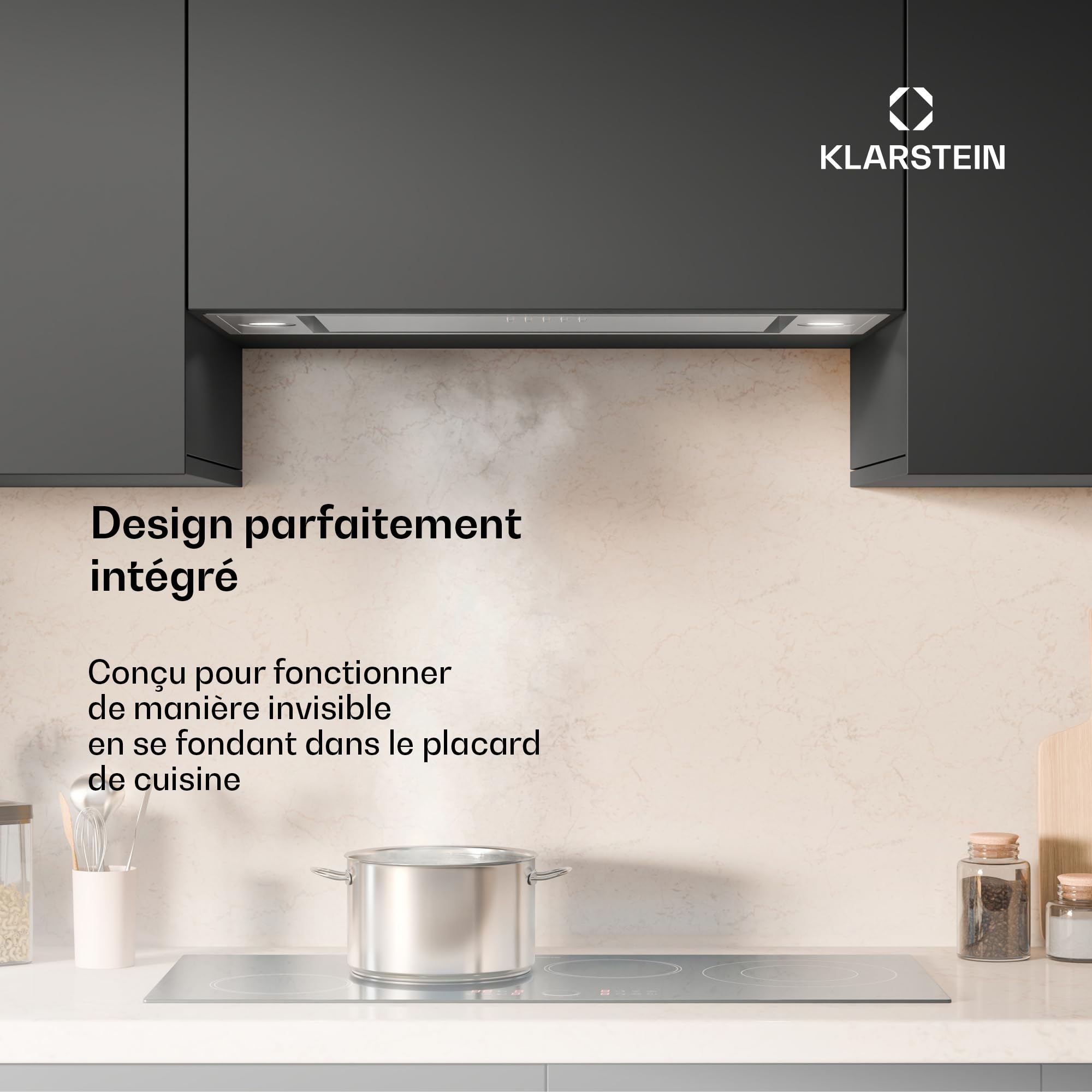 Klarstein TurboMax Hotte Aspirante, 75cm Hotte Cuisine Intégrée, 380 m³/h Débit d'Air, Énergie A+, LED, Filtre à Charbon & Aluminium, 3 Vitesses, Design Discret