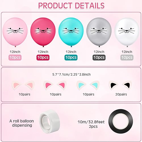 Miniatura 2 de 50 globos de gato de 12 pulgadas para fiesta, de látex, gatito, para fiesta de cumpleaños con orejas, globos para niños, suministros para niñas, 5