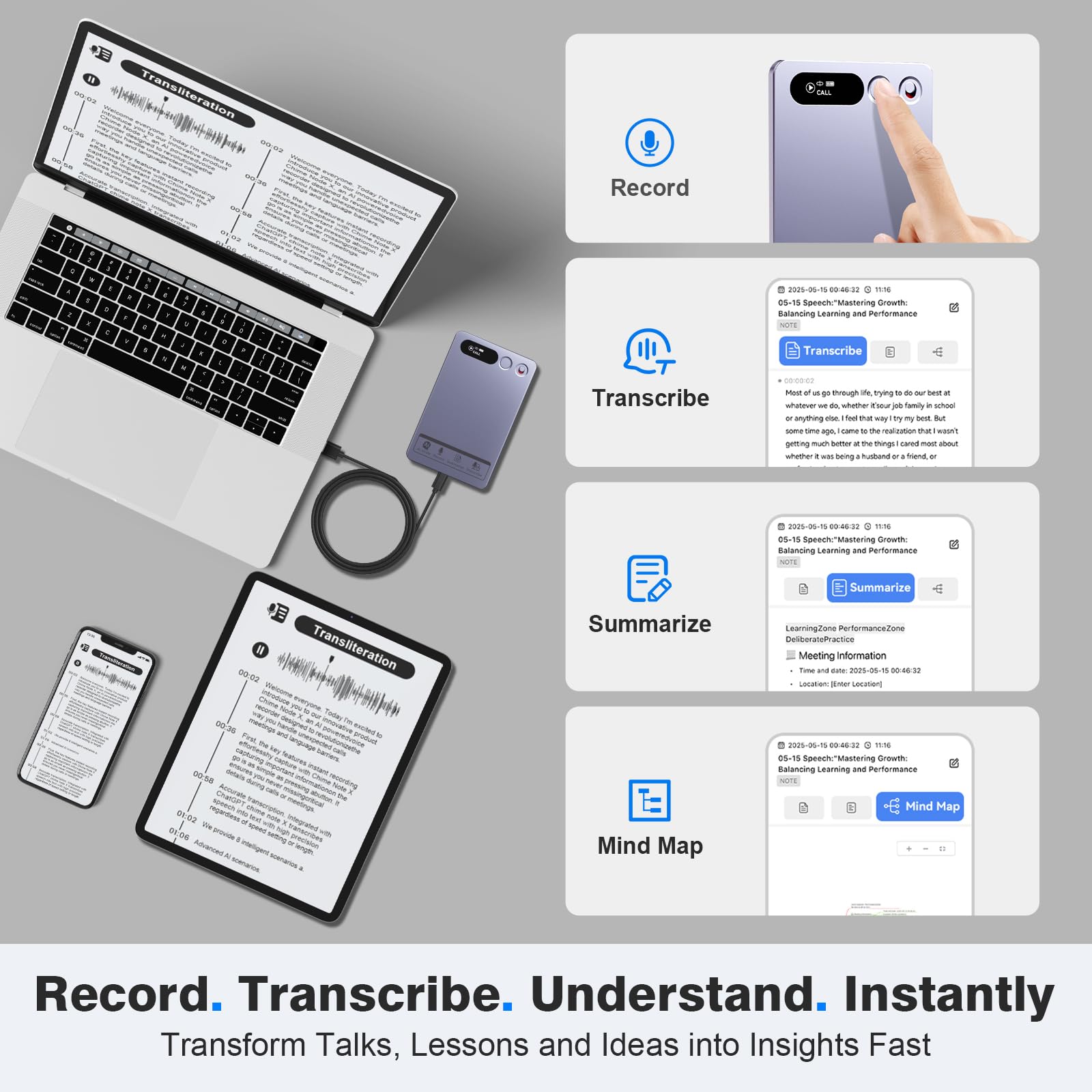 Grabadora de voz AI con funda, memoria de 64 GB, control de aplicación, transcripción y resumen en varios idiomas, gris