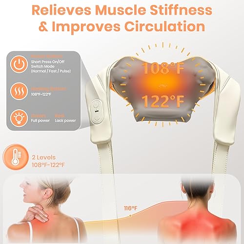 Miniatura 5 de Regalos para mujeres y hombres masajeador de cuello Shiatsu con calor, masajeador de cuello sin escobillas para aliviar el dolor de tejido profundo